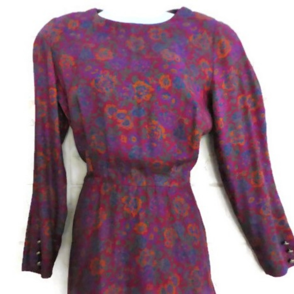 Vintage Dress Long Floral Modest Back Zip Flare Shoulder Pads Pockets L - Picture 2 of 8